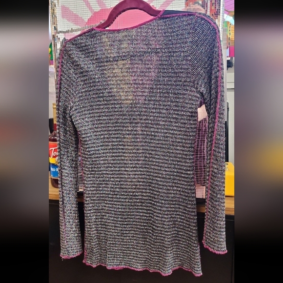 1970S SCARLET SPEEDWELL Pink & Blue Silver Lurex Knit Disco Tie front shirt - Picture 3 of 3